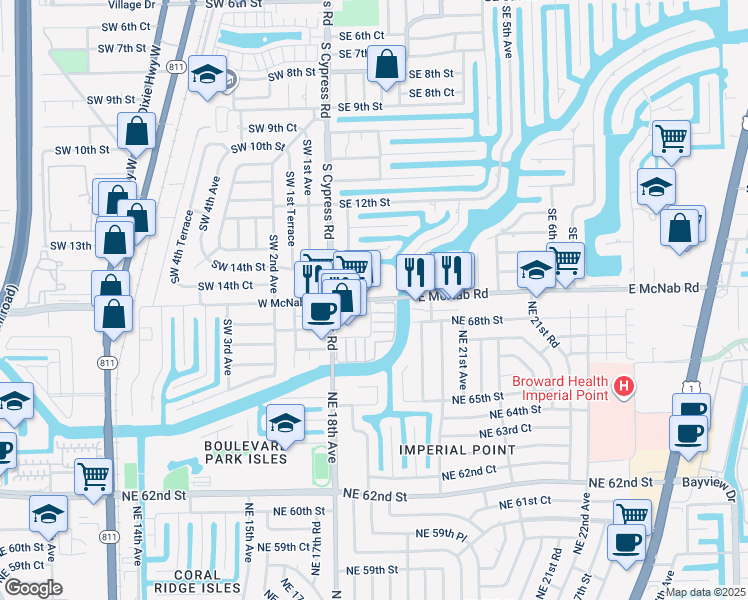 map of restaurants, bars, coffee shops, grocery stores, and more near 140 East McNab Road in Pompano Beach