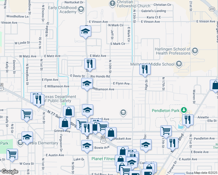 map of restaurants, bars, coffee shops, grocery stores, and more near 913 East Williamson Avenue in Harlingen