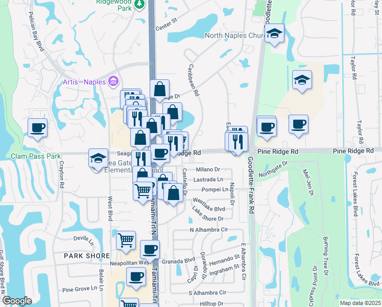 map of restaurants, bars, coffee shops, grocery stores, and more near 1100 Pine Ridge Road in Naples