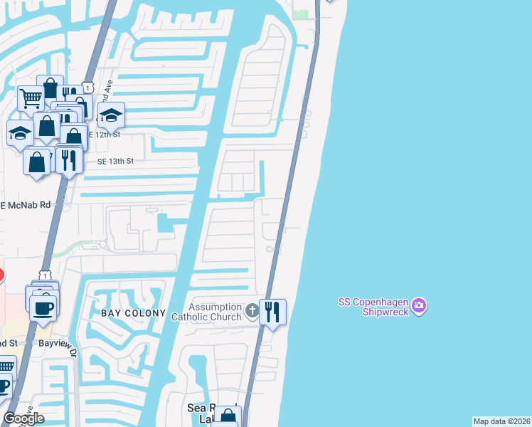 map of restaurants, bars, coffee shops, grocery stores, and more near 1501 South Ocean Boulevard in Pompano Beach