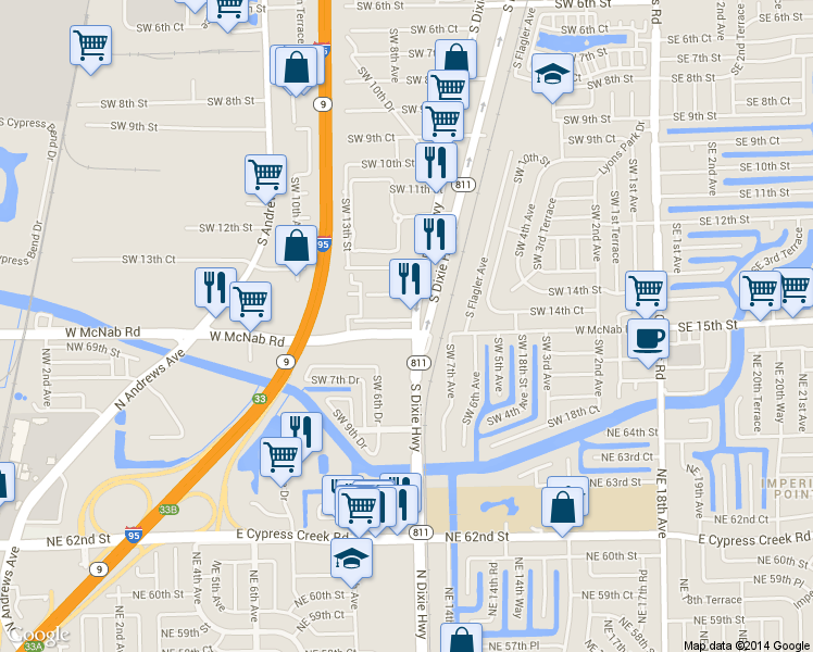 map of restaurants, bars, coffee shops, grocery stores, and more near 801 West McNab Road in Pompano Beach