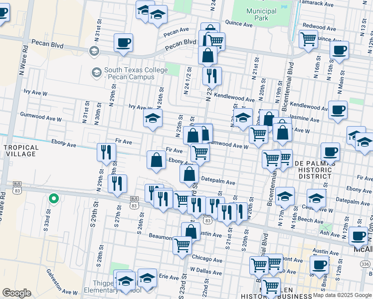 map of restaurants, bars, coffee shops, grocery stores, and more near 2400 Fir Avenue in McAllen