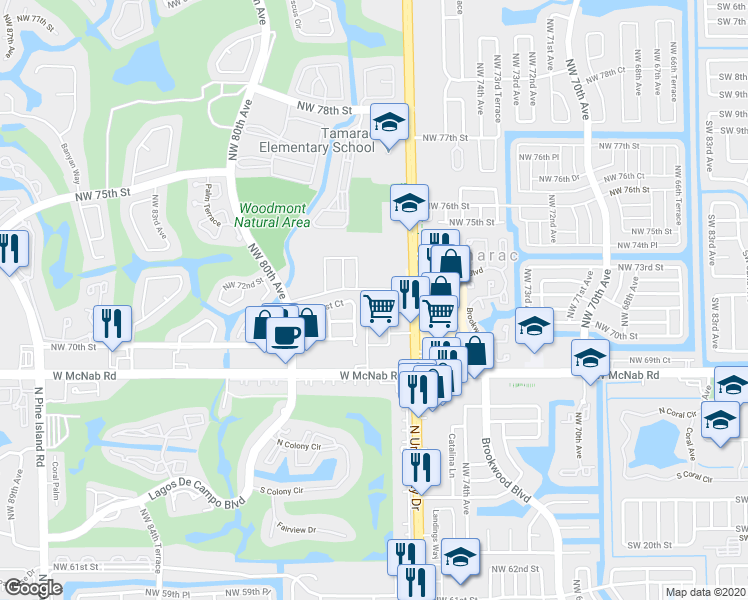 map of restaurants, bars, coffee shops, grocery stores, and more near 7710 Northwest 71st Court in Tamarac