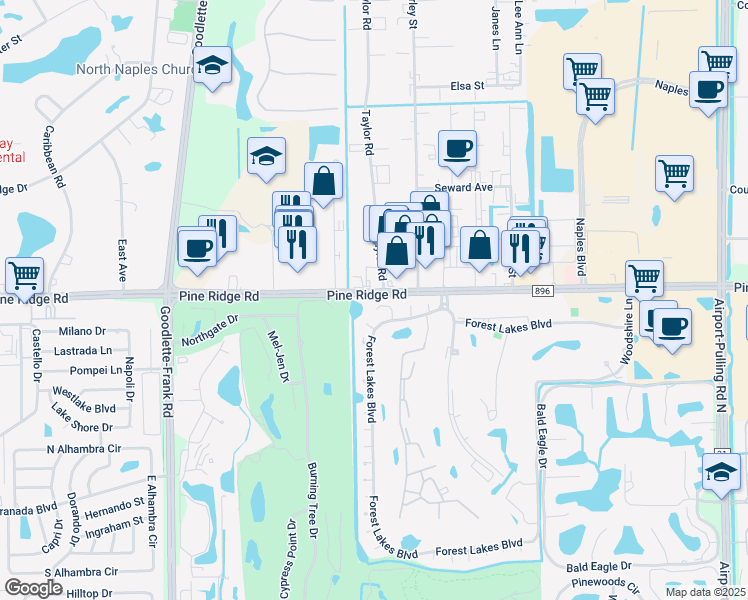map of restaurants, bars, coffee shops, grocery stores, and more near 1725 Camelia Lane in Naples