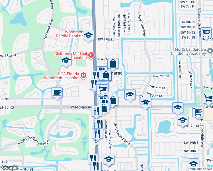 map of restaurants, bars, coffee shops, grocery stores, and more near 7120 North University Drive in Tamarac