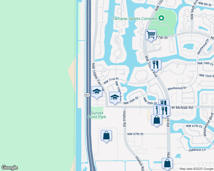 map of restaurants, bars, coffee shops, grocery stores, and more near 10731 Northwest 71st Court in Tamarac