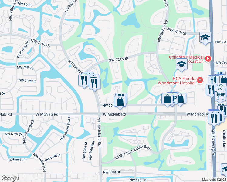 map of restaurants, bars, coffee shops, grocery stores, and more near 7055 Woodmont Way in Tamarac