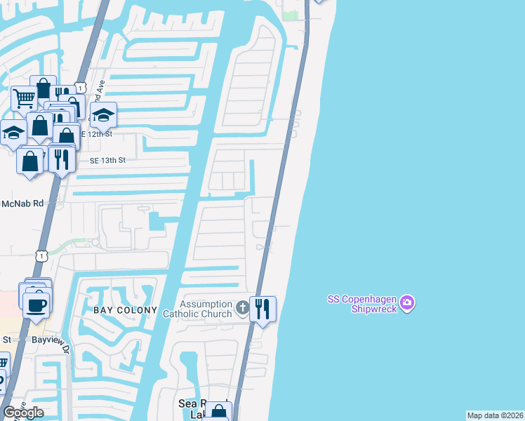 map of restaurants, bars, coffee shops, grocery stores, and more near 1501 South Ocean Boulevard in Pompano Beach