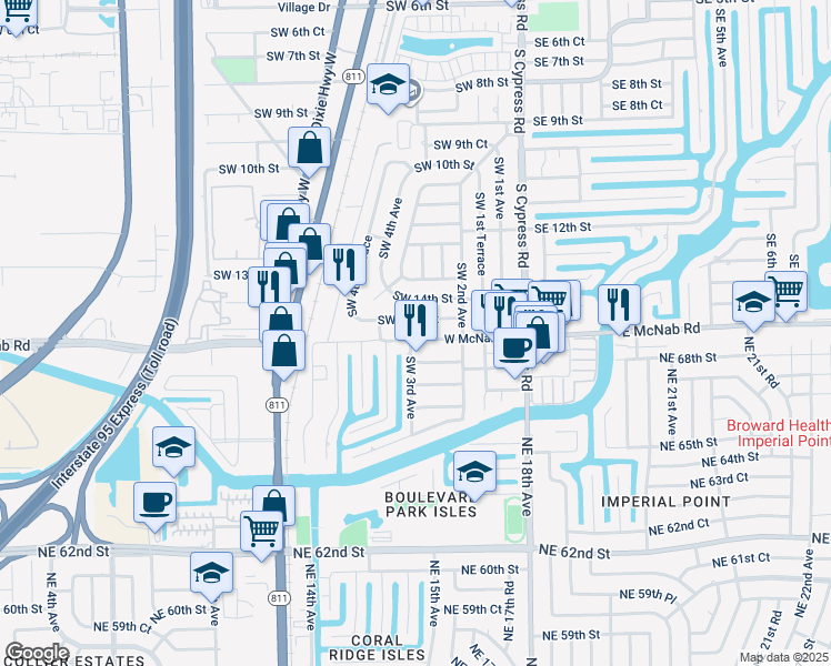 map of restaurants, bars, coffee shops, grocery stores, and more near 295 Southwest 15th Street in Pompano Beach