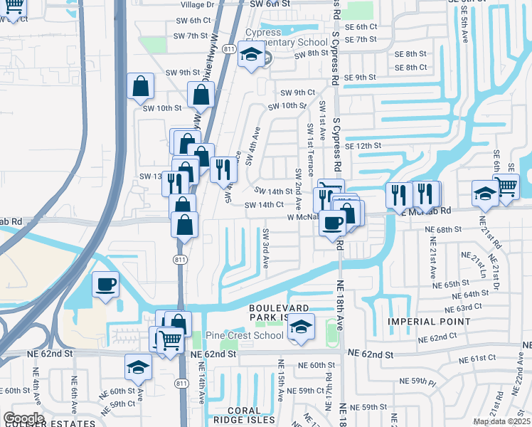 map of restaurants, bars, coffee shops, grocery stores, and more near 295 Southwest 15th Street in Pompano Beach