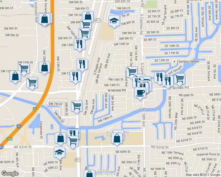 map of restaurants, bars, coffee shops, grocery stores, and more near 18 Southwest 4th Avenue in Pompano Beach