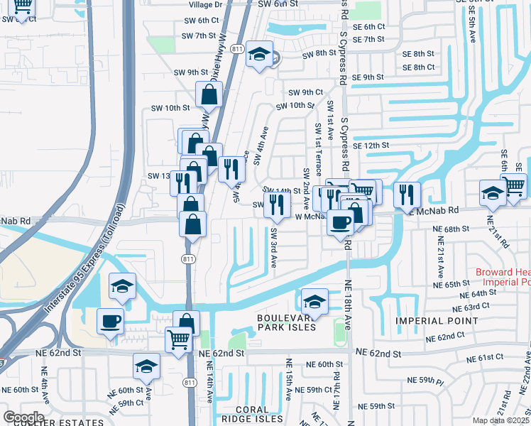 map of restaurants, bars, coffee shops, grocery stores, and more near 18 Southwest 4th Avenue in Pompano Beach
