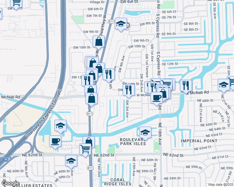 map of restaurants, bars, coffee shops, grocery stores, and more near 18 Southwest 4th Avenue in Pompano Beach