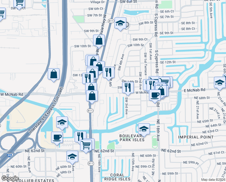map of restaurants, bars, coffee shops, grocery stores, and more near 501 Southwest 15th Street in Pompano Beach