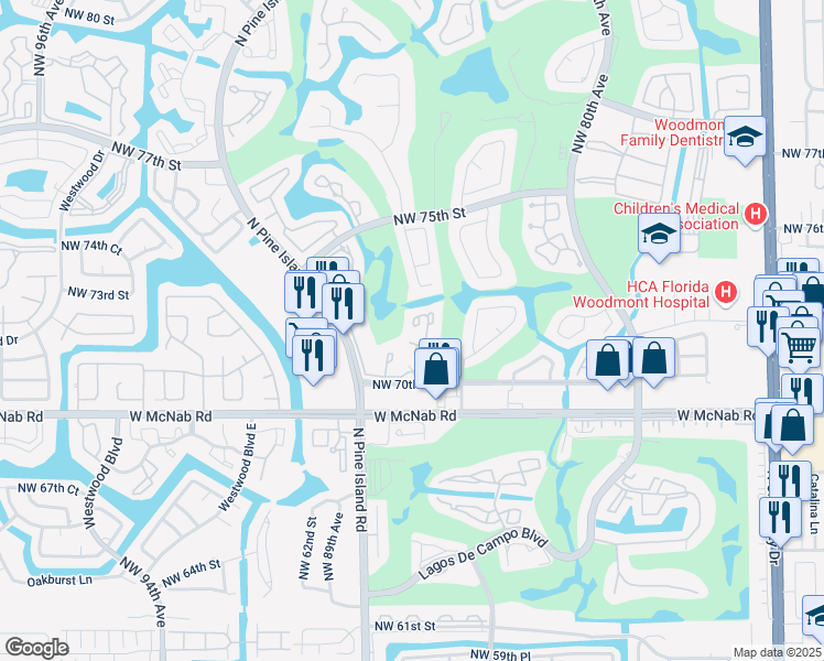 map of restaurants, bars, coffee shops, grocery stores, and more near 7055 Woodmont Way in Tamarac