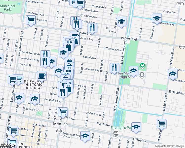 map of restaurants, bars, coffee shops, grocery stores, and more near 600 Ivy Avenue in McAllen