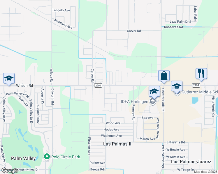 map of restaurants, bars, coffee shops, grocery stores, and more near 4203 Wilson Road in Harlingen