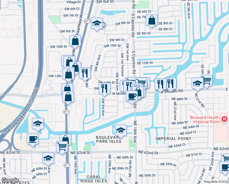 map of restaurants, bars, coffee shops, grocery stores, and more near 201 West McNab Road in Pompano Beach
