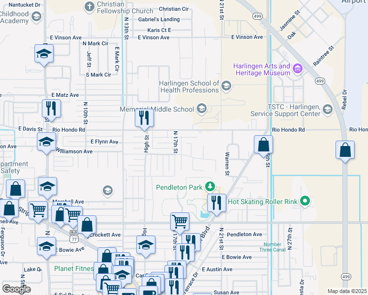 map of restaurants, bars, coffee shops, grocery stores, and more near 1717 Plantation Drive in Harlingen