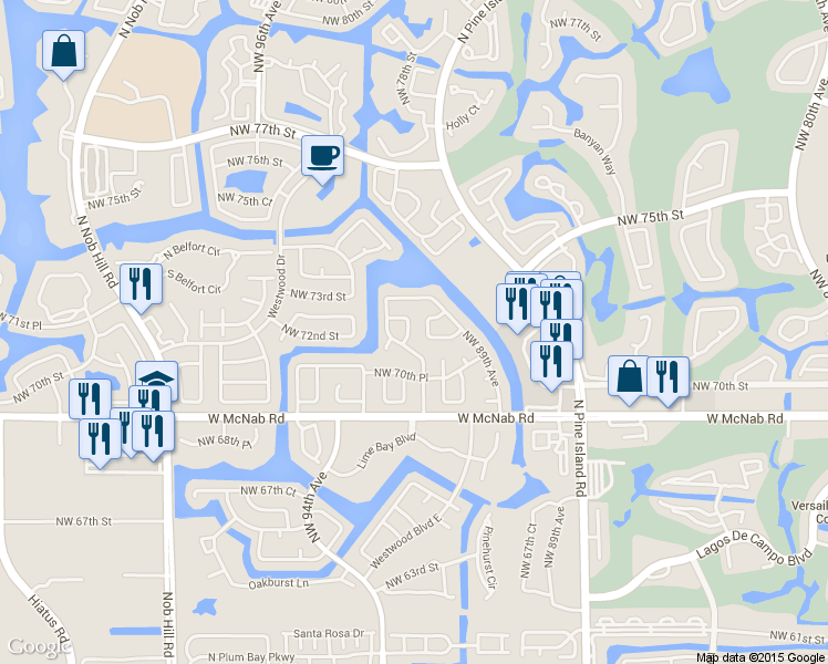 map of restaurants, bars, coffee shops, grocery stores, and more near 7200 Northwest 92nd Terrace in Tamarac