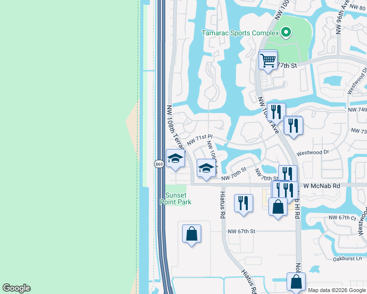 map of restaurants, bars, coffee shops, grocery stores, and more near 11590 Northwest 71st Place in Tamarac