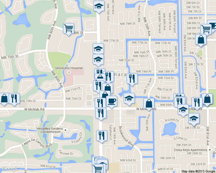 map of restaurants, bars, coffee shops, grocery stores, and more near 7120 North University Drive in Tamarac