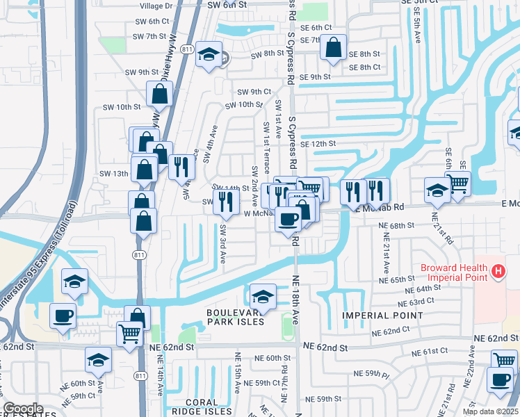 map of restaurants, bars, coffee shops, grocery stores, and more near 201 West McNab Road in Pompano Beach