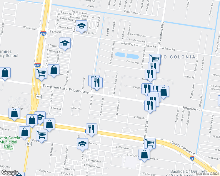 map of restaurants, bars, coffee shops, grocery stores, and more near Dorothy in Pharr