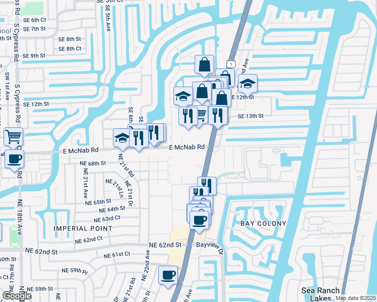 map of restaurants, bars, coffee shops, grocery stores, and more near 950 East McNab Road in Pompano Beach