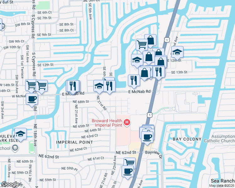 map of restaurants, bars, coffee shops, grocery stores, and more near 718 East McNab Road in Pompano Beach