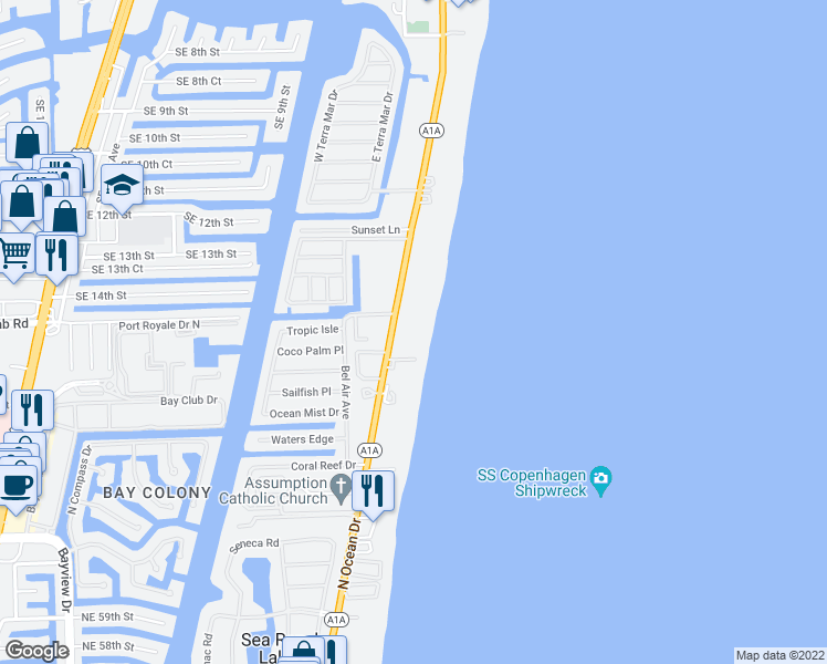 map of restaurants, bars, coffee shops, grocery stores, and more near 1530 South Ocean Boulevard in Pompano Beach