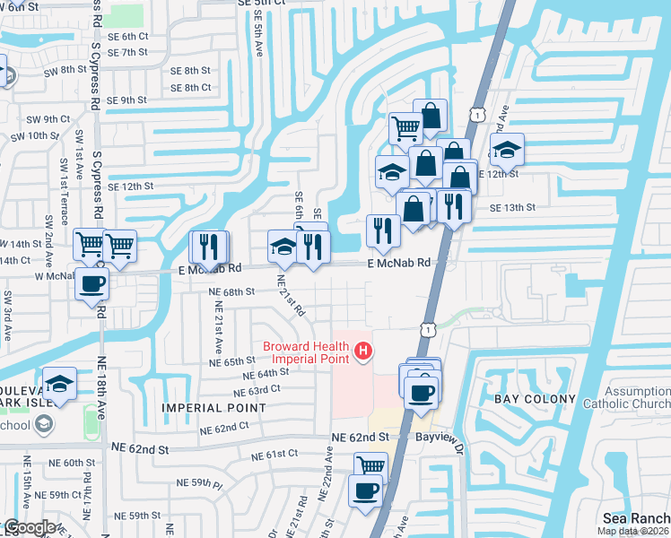 map of restaurants, bars, coffee shops, grocery stores, and more near 718 East McNab Road in Pompano Beach