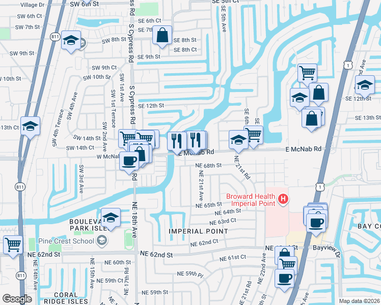 map of restaurants, bars, coffee shops, grocery stores, and more near 342 East McNab Road in Pompano Beach