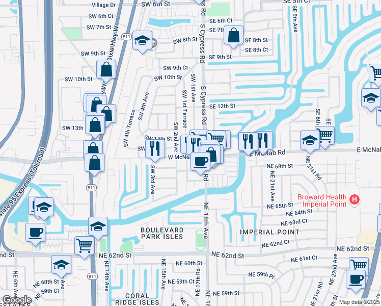 map of restaurants, bars, coffee shops, grocery stores, and more near 140 Southwest 15th Street in Pompano Beach