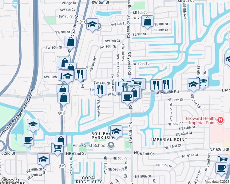 map of restaurants, bars, coffee shops, grocery stores, and more near 201 West McNab Road in Pompano Beach