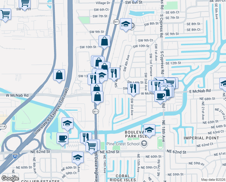 map of restaurants, bars, coffee shops, grocery stores, and more near 501 Southwest 15th Street in Pompano Beach