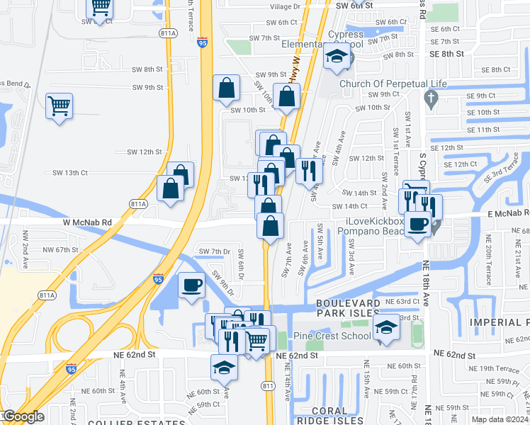 map of restaurants, bars, coffee shops, grocery stores, and more near 801 West McNab Road in Pompano Beach