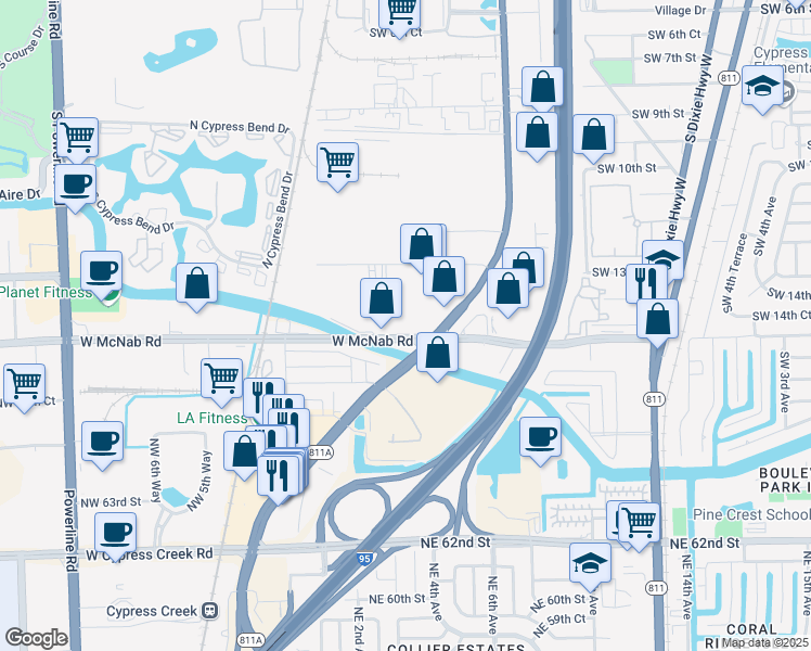 map of restaurants, bars, coffee shops, grocery stores, and more near 1401 West McNab Road in Pompano Beach