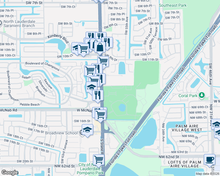 map of restaurants, bars, coffee shops, grocery stores, and more near 1350 Florida 7 in North Lauderdale