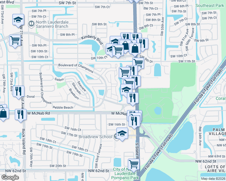 map of restaurants, bars, coffee shops, grocery stores, and more near 307 Bishop Road in North Lauderdale