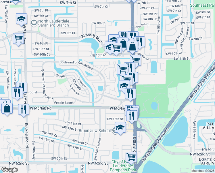 map of restaurants, bars, coffee shops, grocery stores, and more near 307 Bishop Road in North Lauderdale
