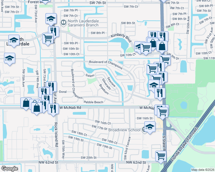map of restaurants, bars, coffee shops, grocery stores, and more near 1342 Silverado in North Lauderdale