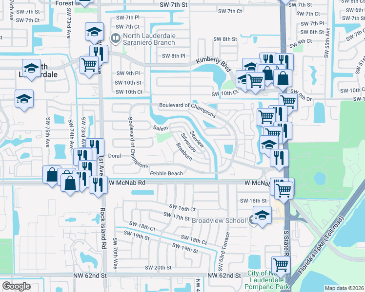 map of restaurants, bars, coffee shops, grocery stores, and more near 1342 Silverado in North Lauderdale