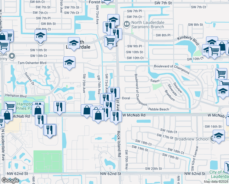 map of restaurants, bars, coffee shops, grocery stores, and more near 7221 Southwest 14th Street in North Lauderdale