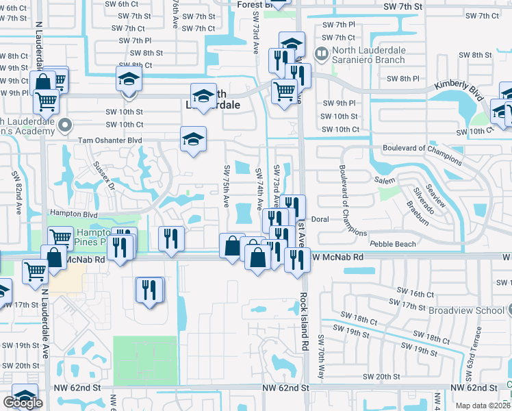 map of restaurants, bars, coffee shops, grocery stores, and more near 1310 Southwest 74th Avenue in North Lauderdale