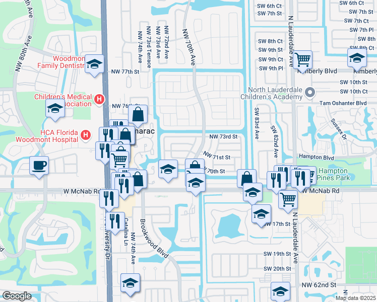 map of restaurants, bars, coffee shops, grocery stores, and more near 7006 Northwest 71st Avenue in Tamarac