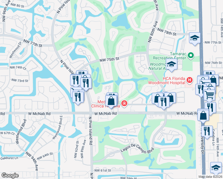 map of restaurants, bars, coffee shops, grocery stores, and more near 7081 Woodmont Way in Tamarac