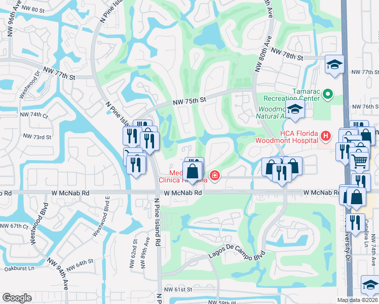 map of restaurants, bars, coffee shops, grocery stores, and more near 7055 Woodmont Way in Tamarac