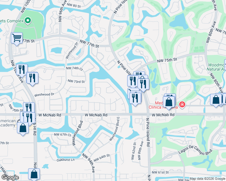 map of restaurants, bars, coffee shops, grocery stores, and more near 9103 Northwest 72nd Court in Tamarac