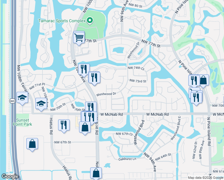 map of restaurants, bars, coffee shops, grocery stores, and more near 9900 Malvern Drive in Tamarac